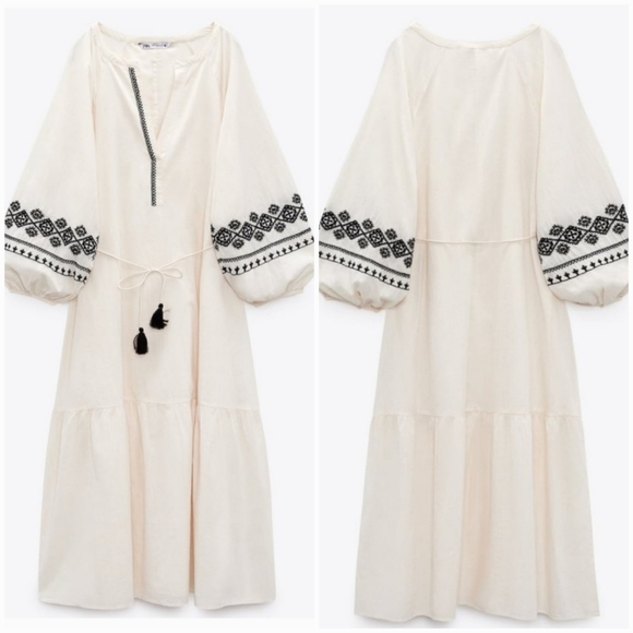 Zara New Ivory Black Embroidered Beaded Tassel Tie Flounce Maxi Dress SZ XXL - Picture 1 of 15